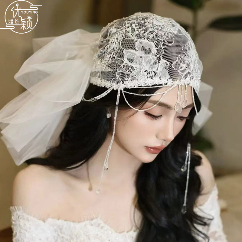 优颖新款法式复古蕾丝花边蝴蝶结丝带流苏发网长头纱婚纱拍照头饰