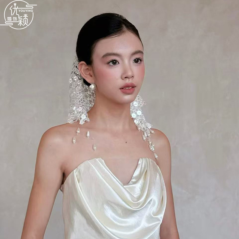 优颖新款新娘头纱蕾丝珍珠高级感超仙法式风婚纱礼服拍照造型头饰