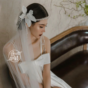优颖原创法式复古新娘花环式珍珠流苏发圈头纱立体花朵边夹头饰品
