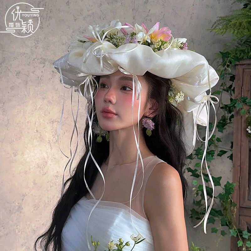 优颖原创手作缎面蝴蝶结帽子新娘结婚法式复古写真跟妆婚纱配饰品