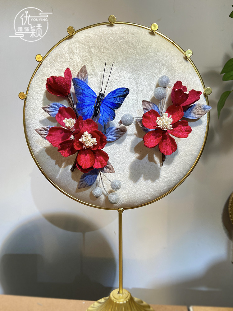 掐丝绒花红撞蓝色蔷薇花套装