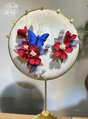 掐丝绒花红撞蓝色蔷薇花套装