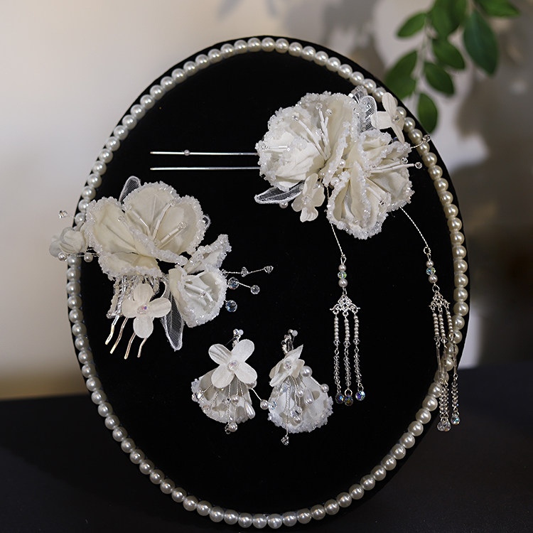 优颖仙美气质米黄手工花朵新娘头花婚纱甜美发簪汉服旗袍样片配饰