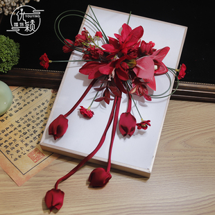 复古新娘结婚头饰森系红色仿真花盘发配饰敬酒服晚宴礼服跟妆造型