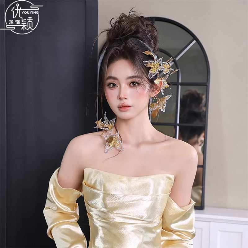 优颖新款金色滴胶蝴蝶羽毛发饰晚礼服龙凤褂新中式晨拍照袍配饰品