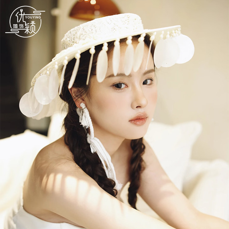法式复古蕾丝串珠流苏贝壳礼帽女名媛风帽防晒帽礼服优雅造型配饰