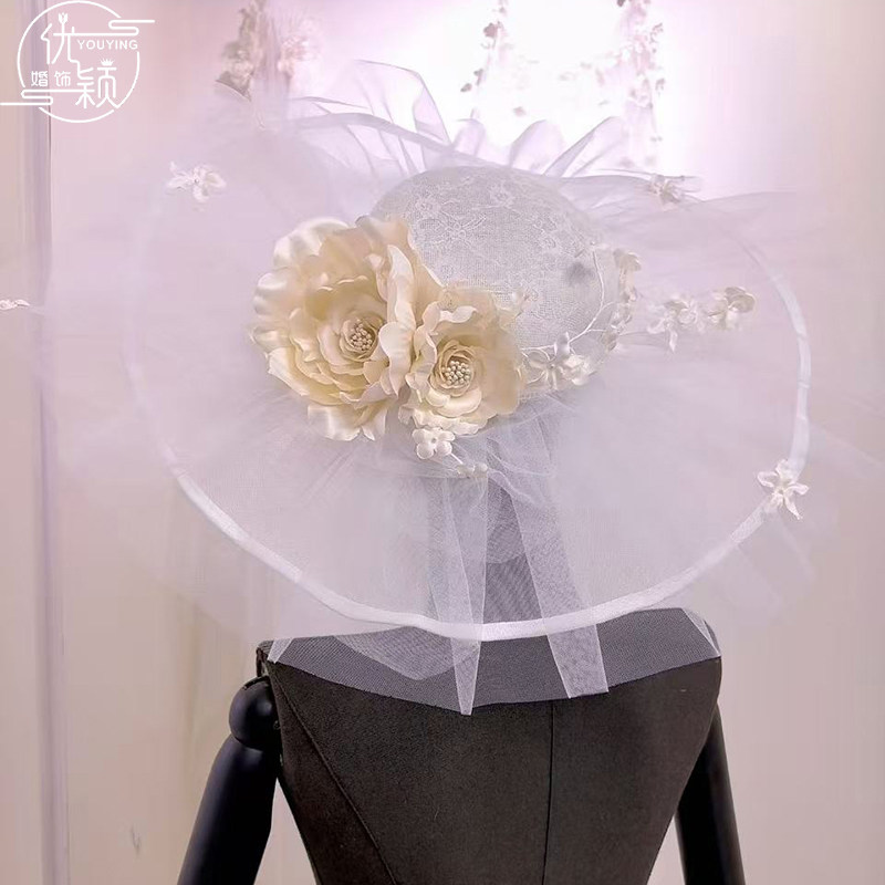 优颖新款森系超仙新娘白纱蕾丝花朵礼帽女婚纱礼服旅拍拍照礼帽