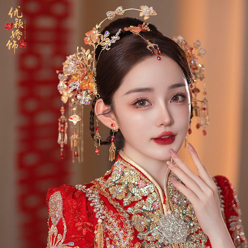 优颖中式头饰新娘结婚发饰流苏步摇大气凤冠短发古装龙凤秀禾饰品