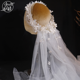优颖蔷薇花复古蕾丝民国风头纱帽法式气质新娘结婚头饰旅拍发饰品