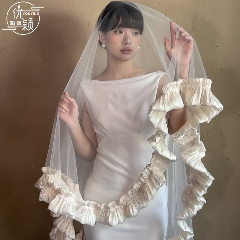 法式复古超仙新娘头纱主婚纱结婚礼服头饰森系领证拍照道具头饰