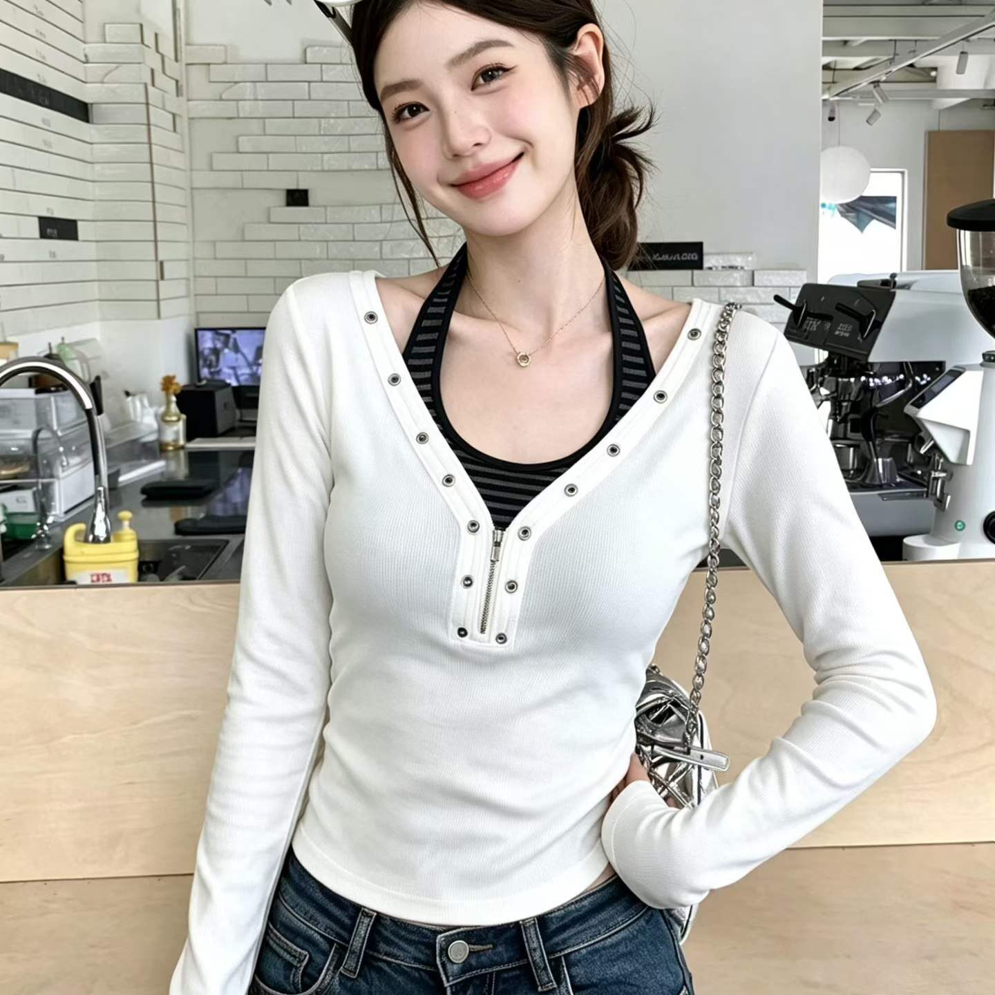 美式辣妹设计感假两件条纹挂脖长袖t恤女秋季新款小众打底衫上衣