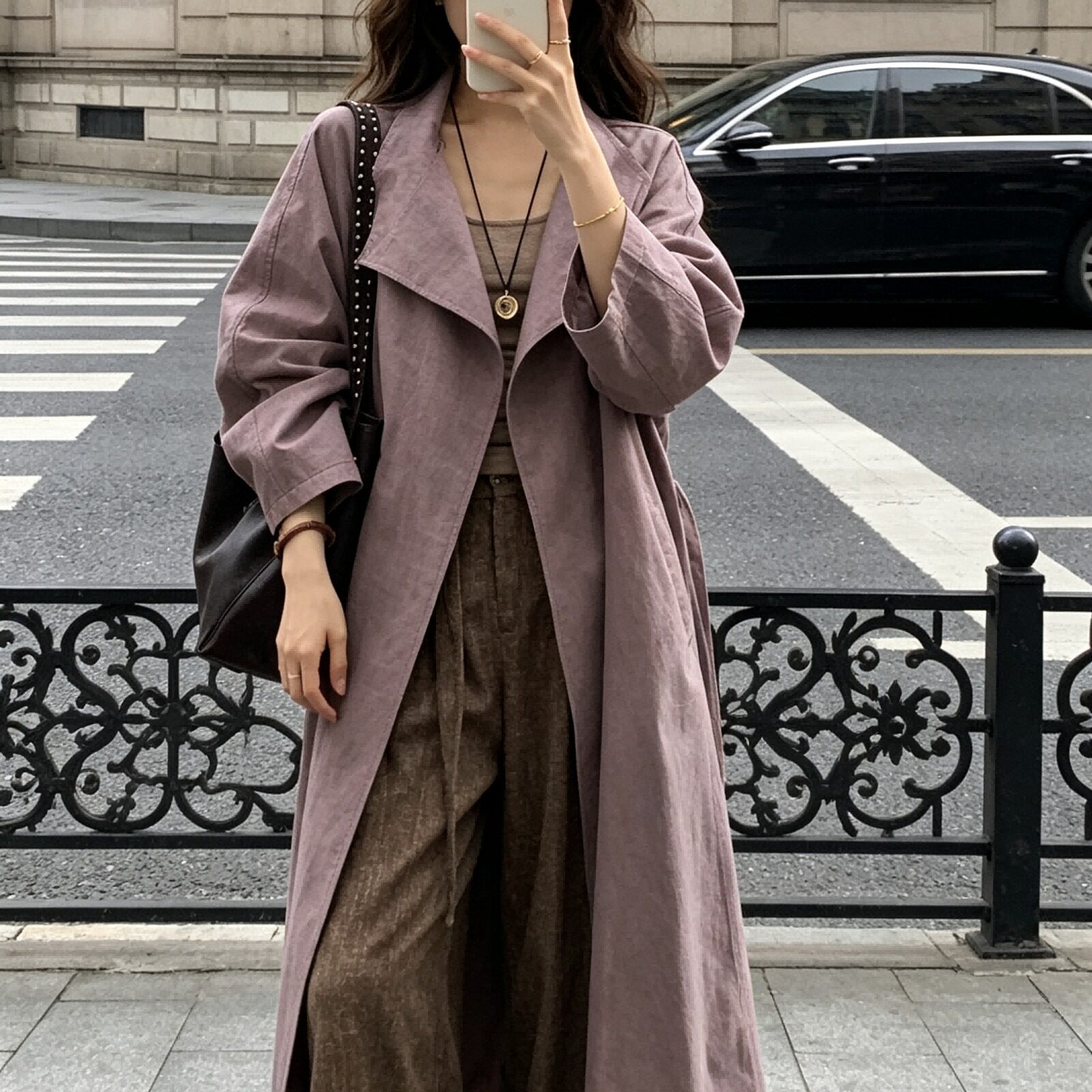 设计紫芙知识分子风紫色高级感风衣外套女秋炒色极简大衣