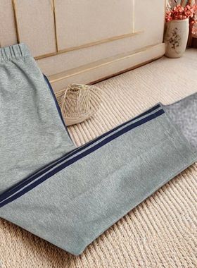 初高中生中小学生浅麻灰色直筒束脚校服裤子藏蓝两道杠大码