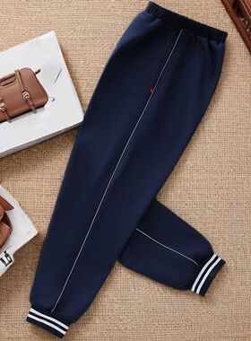 初高中生小学生一道细灰色反光条束脚校服裤藏青色儿童束口二白条