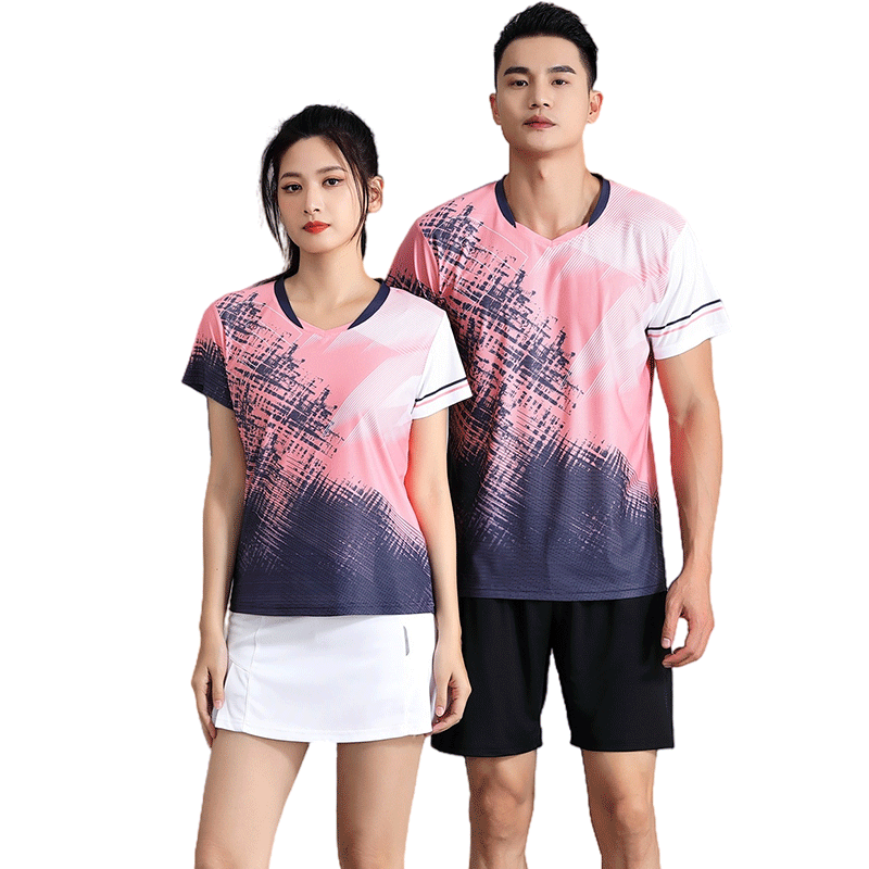 羽毛球女装套装男款羽毛球服短袖运动服球衣速干上衣网球服裙粉色