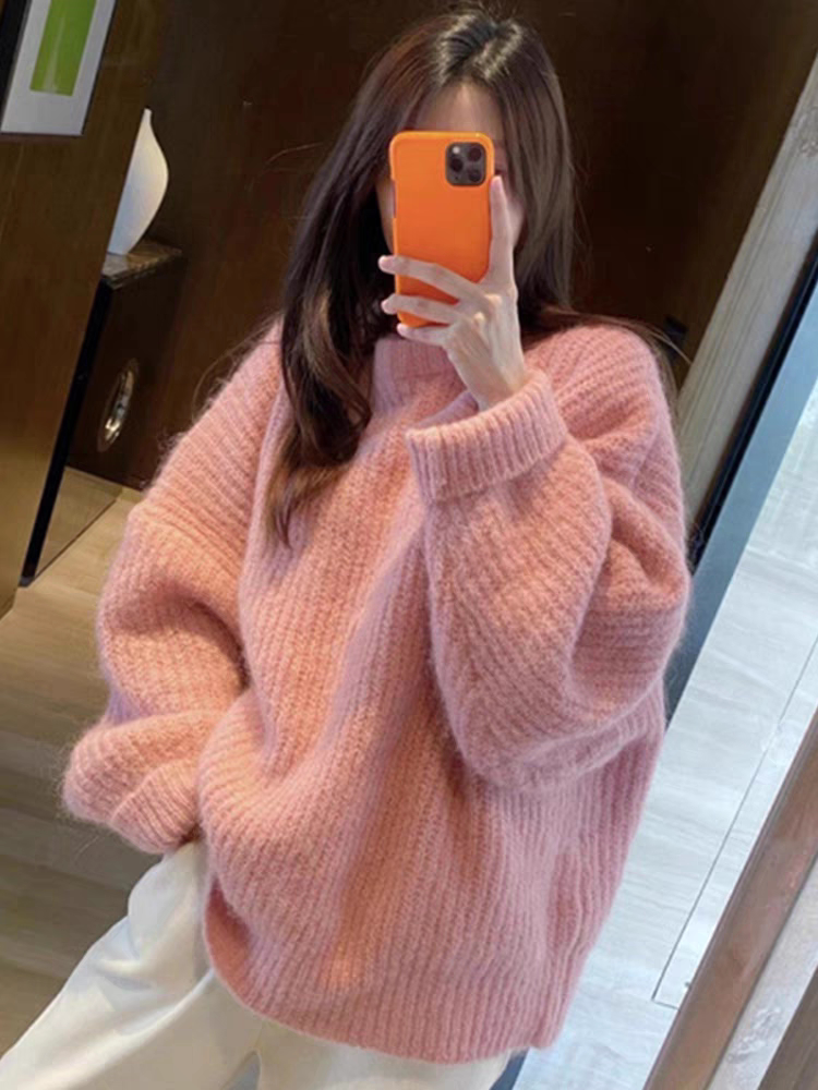 慵懒风粉色毛衣女秋冬新款马海毛温柔软糯宽松套头针织衫加厚