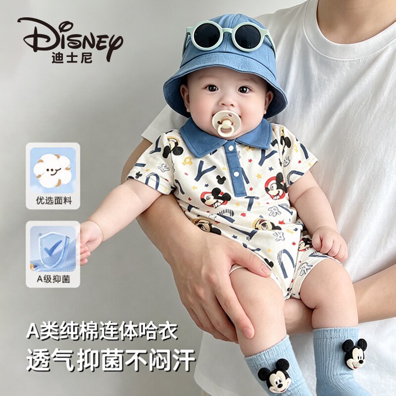 迪士尼婴儿夏季纯棉连体衣薄男宝宝POLO领短袖哈衣新生儿满月衣服