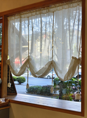 日式亚麻提拉帘弧形拱形门帘复古罗马帘魔术贴系带半帘升降帘隔断