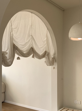 日式亚麻提拉帘弧形拱形门帘复古升降罗马帘魔术贴达尔文系带隔断