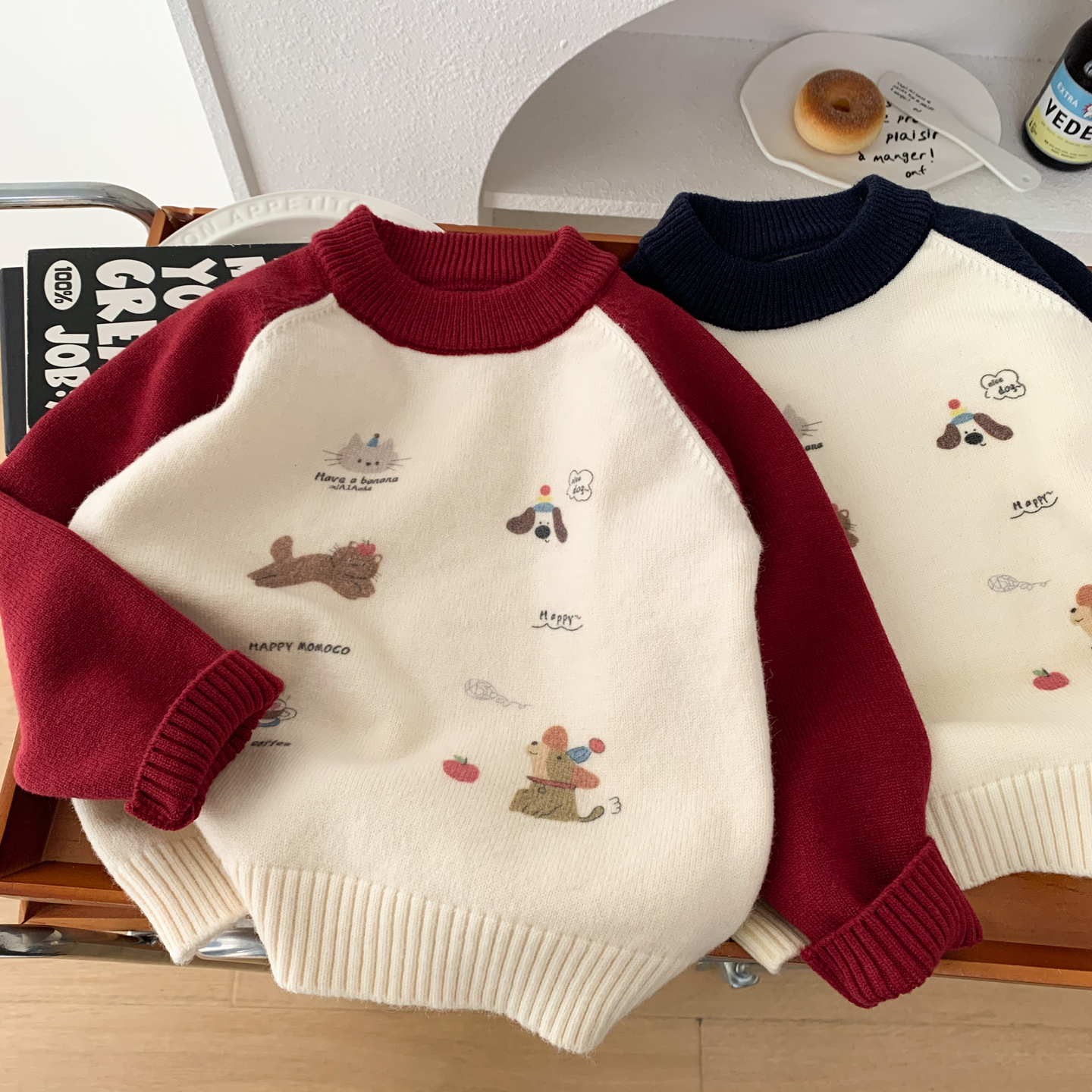 男童冬装红色插肩袖打底针织毛衣