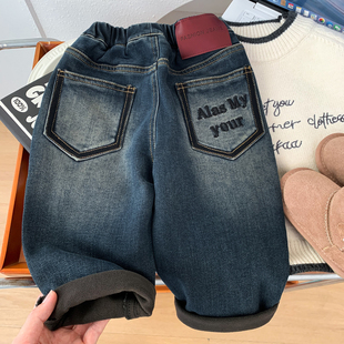 男童秋冬薄绒牛仔裤2025新款儿童加绒直筒裤子宝宝抓绒百搭休闲裤