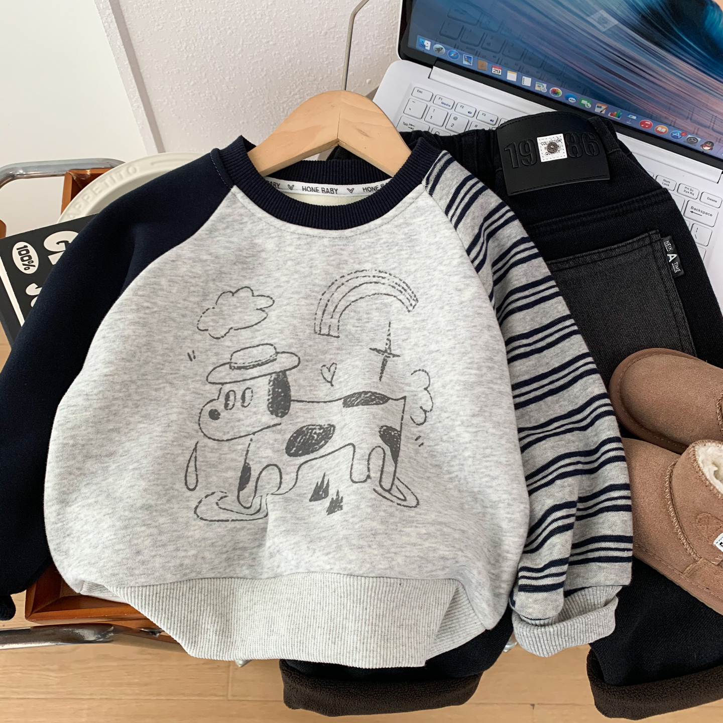 男童秋冬装一体加绒卡通插件卫衣