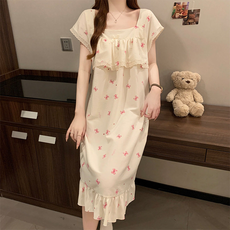 女孩睡衣初中生少女风荷叶边防凸点短袖睡裙夏中长甜美睡裙家居服