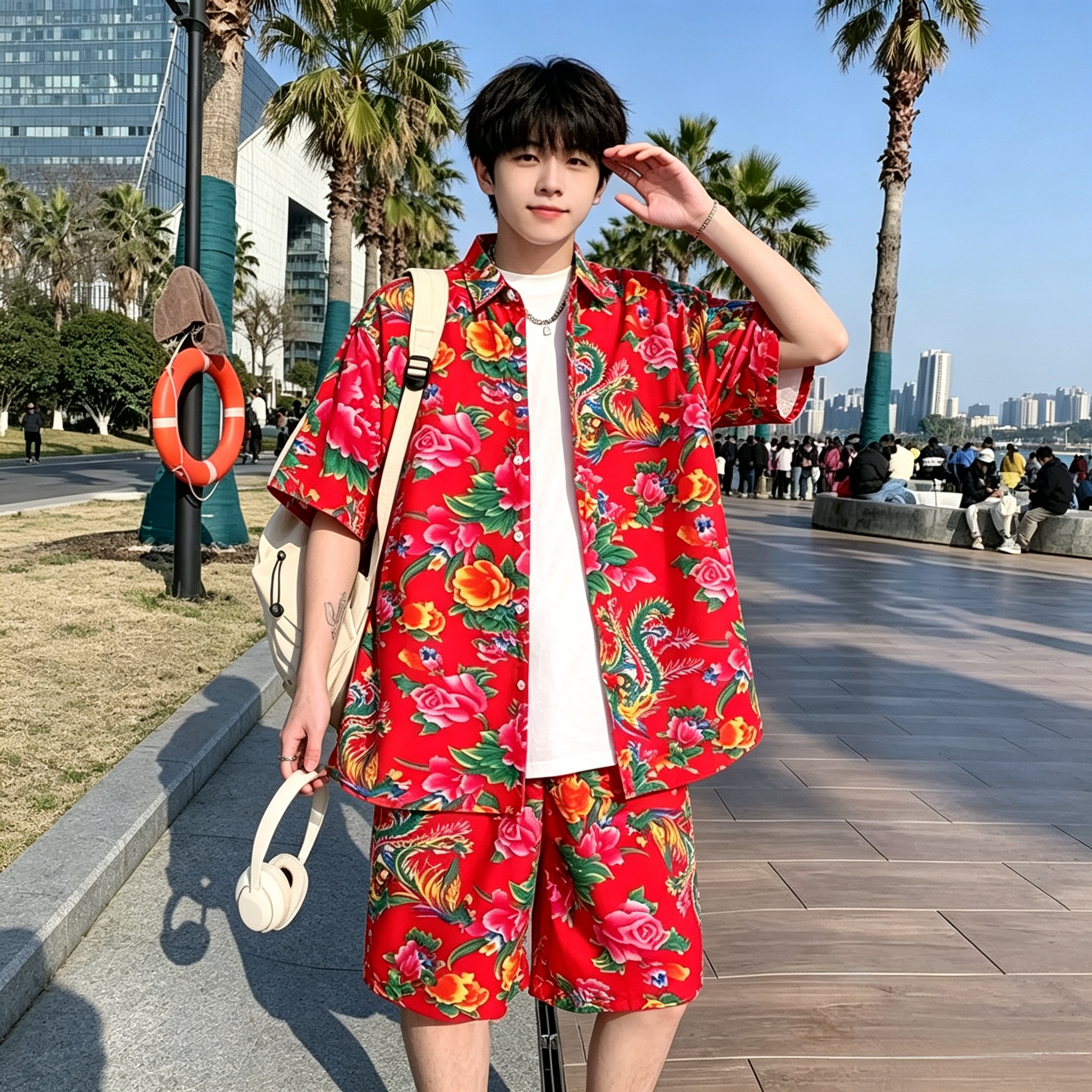 东北大花套装男夏季薄款短袖衬衫五分短裤伴郎服个性大花布网红新