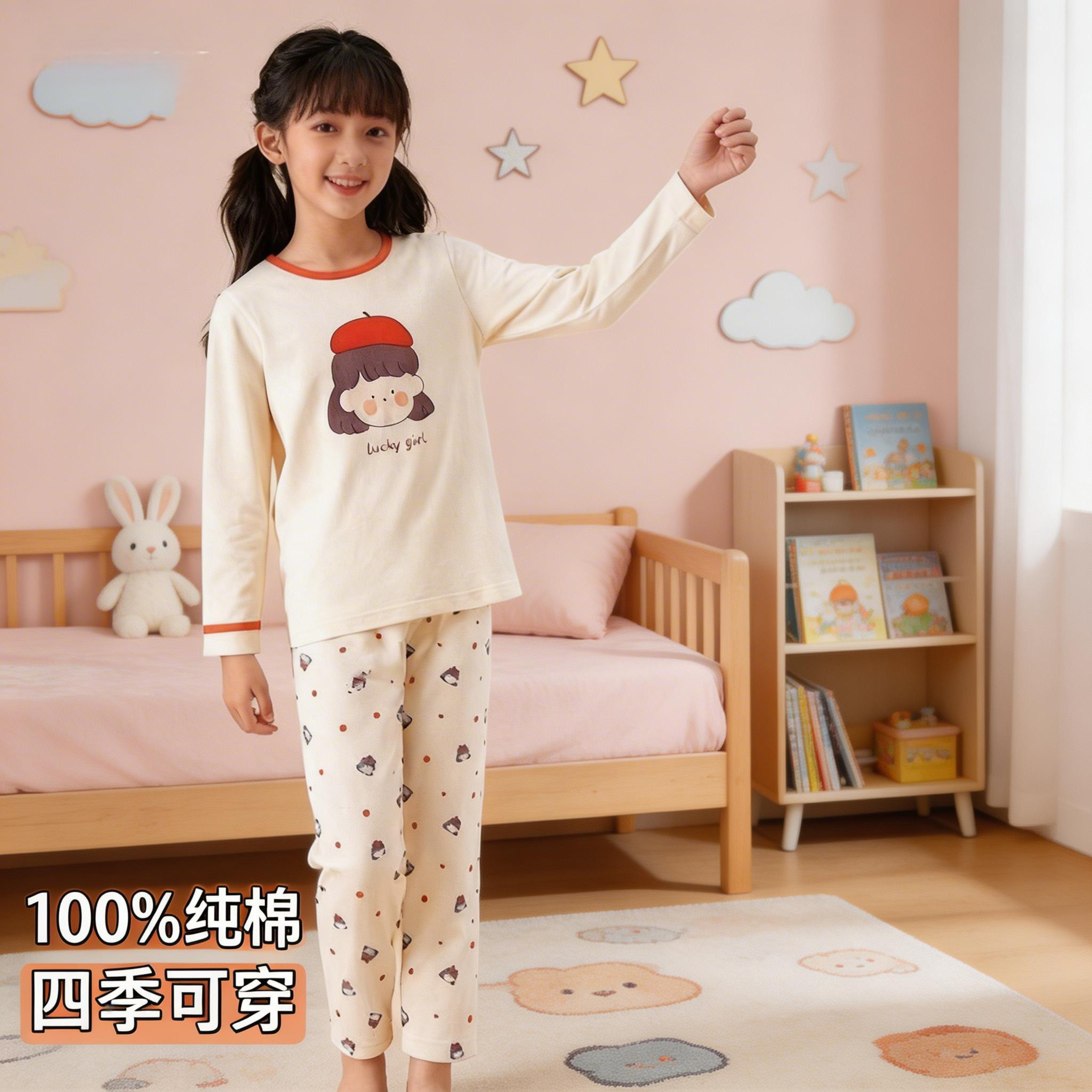 初中女生纯棉睡衣四季通用a类薄款家居男服男女童长袖空调服套装