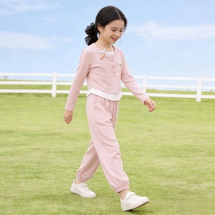初中生女孩套装2026年春秋季新款韩版时髦女孩软糯假两件上衣裤子