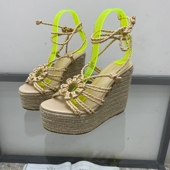 夏2025新款 防水台厚底草编超高跟凉鞋 女时尚 外贸坡跟凉鞋 罗马女鞋