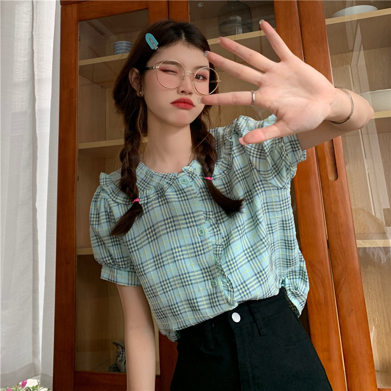 Real price small fresh baby collar Plaid top