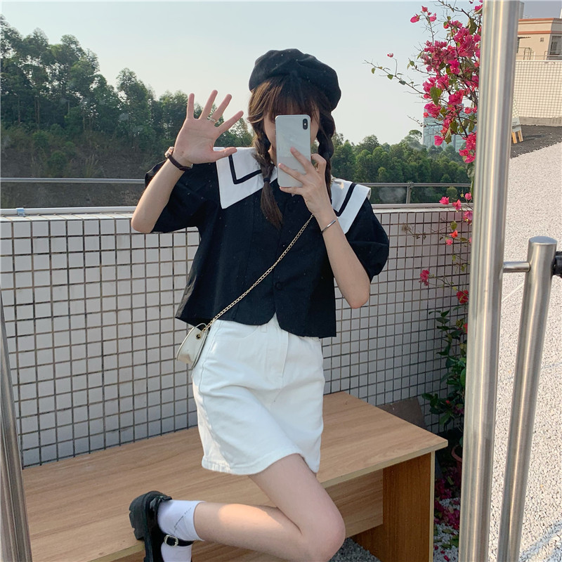 Real shot real price Korean Navy style Lapel Bubble Sleeve Jacket