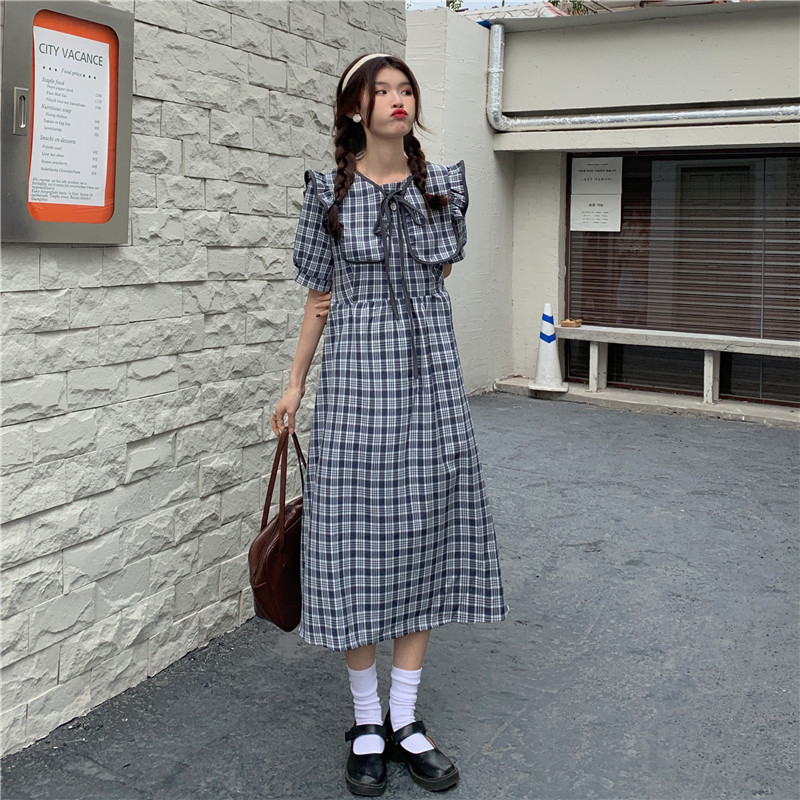 Real Price vintage Navy Lapel long Plaid Dress