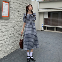 Real Price vintage Navy Lapel long Plaid Dress