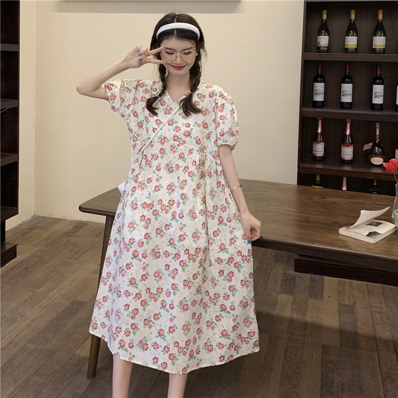 Real price loose Vintage V-neck bubble sleeve Floral Dress