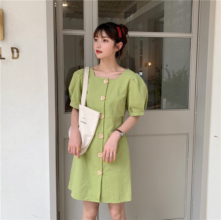 Real price small square collar single breasted bubble sleeve dress