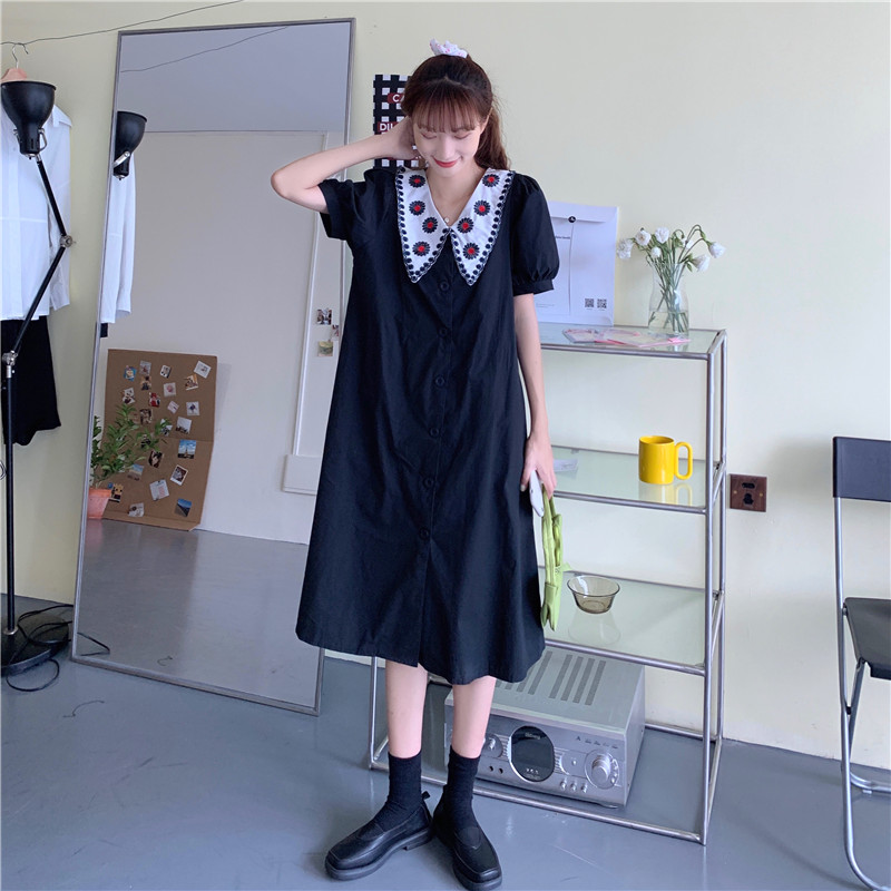 Real price embroidered chrysanthemum baby collar bubble sleeve dress with belt