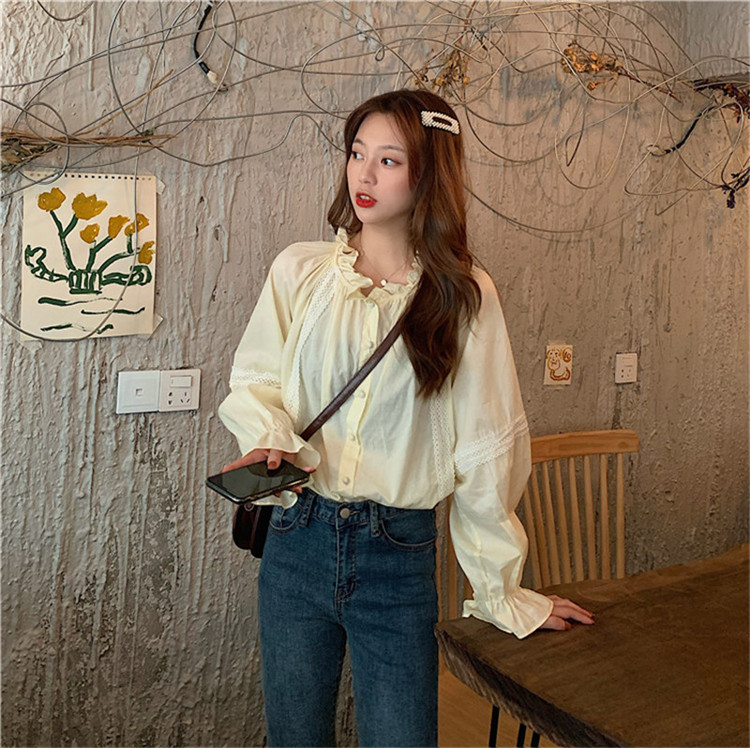 Real price French retro sweet fungus edge stitching lace versatile Long Sleeve Shirt