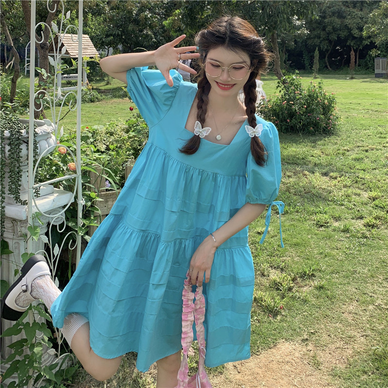 Real price Korean style loose small square neck stitched dress