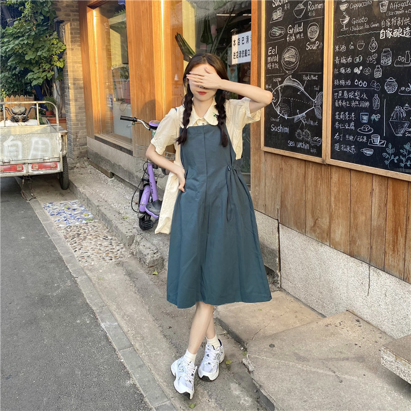 Real price baby collar embroidered shirt + loose simple strap skirt