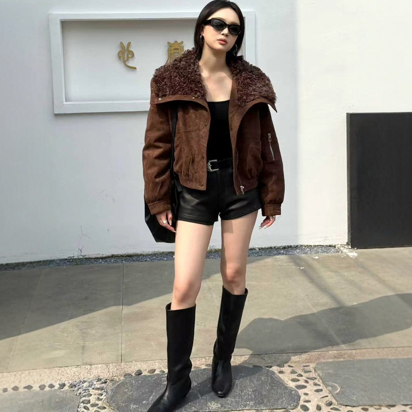 美式复古棕色毛领短款外套女款秋冬季小个子加绒加厚修身棉服上衣