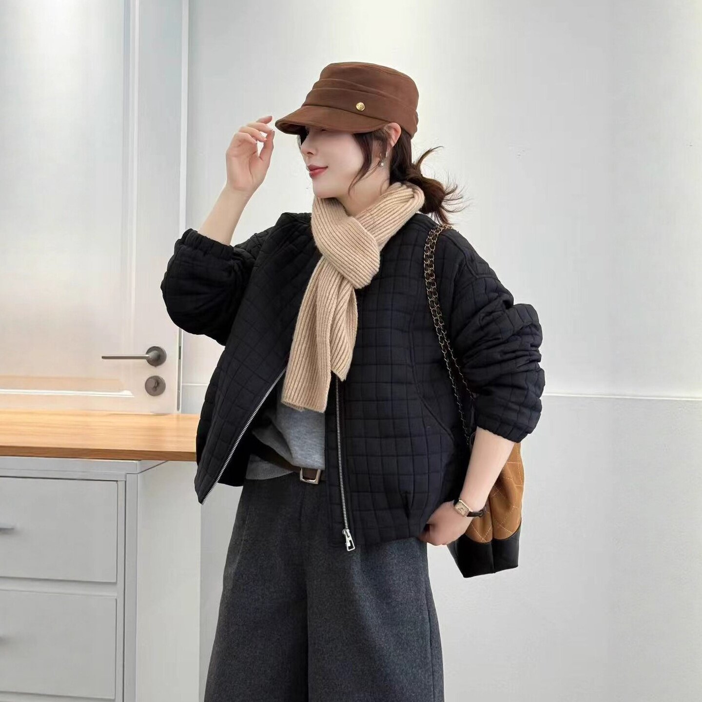 25冬款棉袄女宽松休闲韩版菱形格棉衣学院风外套加棉加厚保暖棉衣