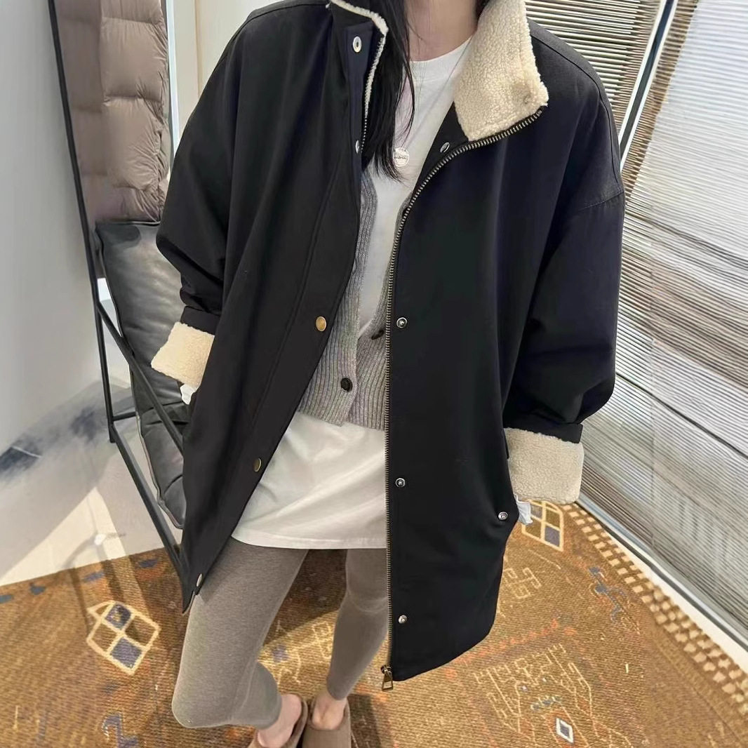 欧货派克服立领加绒棉衣女2024冬季新工装加厚保暖外套羊羔毛风衣