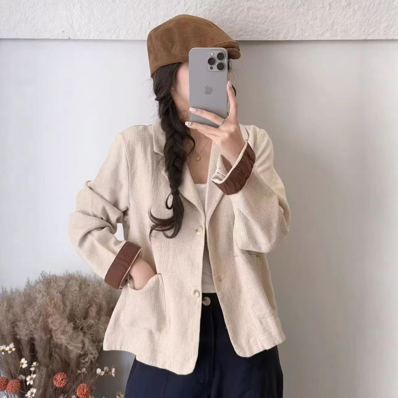 26年春款外套女棉麻西装外套撞色宽松休闲韩版学院风上衣新款外套