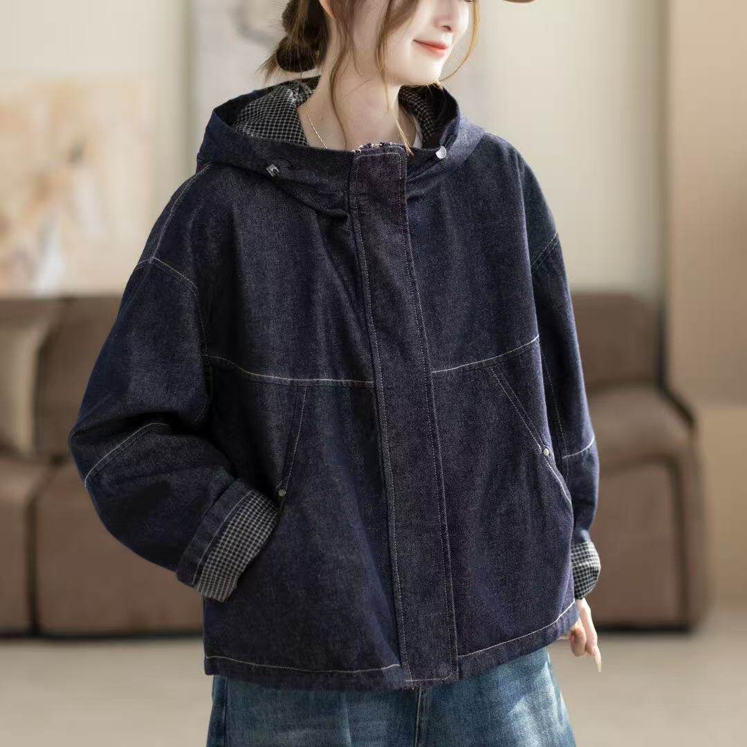 2026年春款牛仔外套连帽格子拼接宽松休闲韩版学院风外套长袖上衣