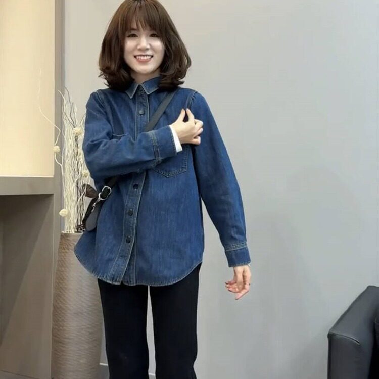 牛仔衬衫女长袖春夏新款中长款叠穿宽松休闲打底衬衣外套衬衫女夏