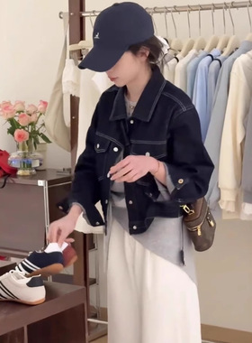 韩版复古深蓝色牛仔外套女装2025春季新款慵懒风短款宽松夹克上衣