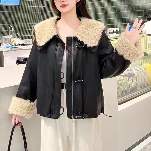 加绒加厚皮衣外套女短款2025秋冬新款拼接翻领时尚洋气减龄复古潮