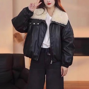 复古宽松机车服上衣潮 时尚 大翻领加棉皮衣外套女短款 2025秋冬新款